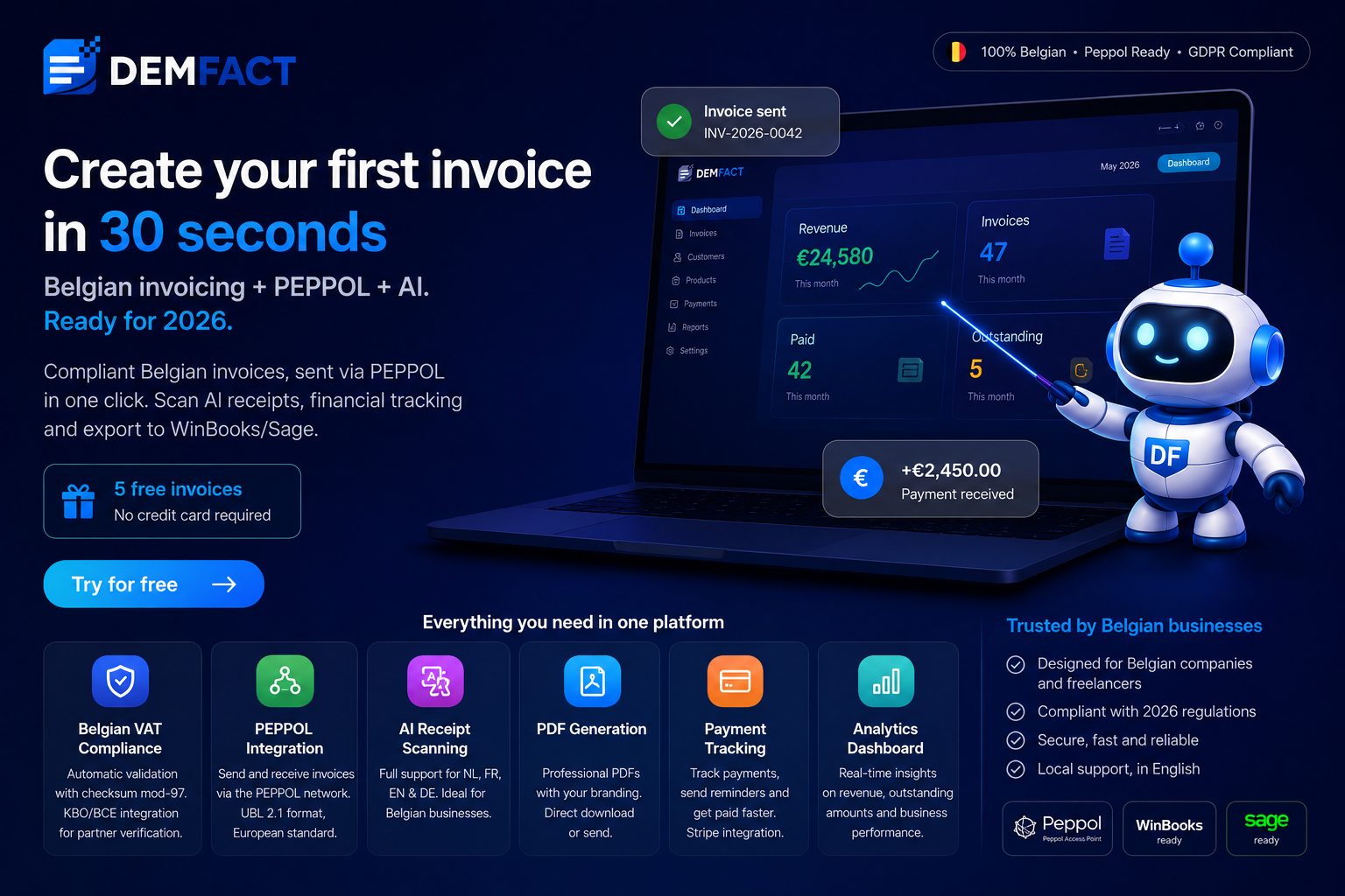 DemFact dashboard showing revenue, invoices, payments and the DemBot AI assistant